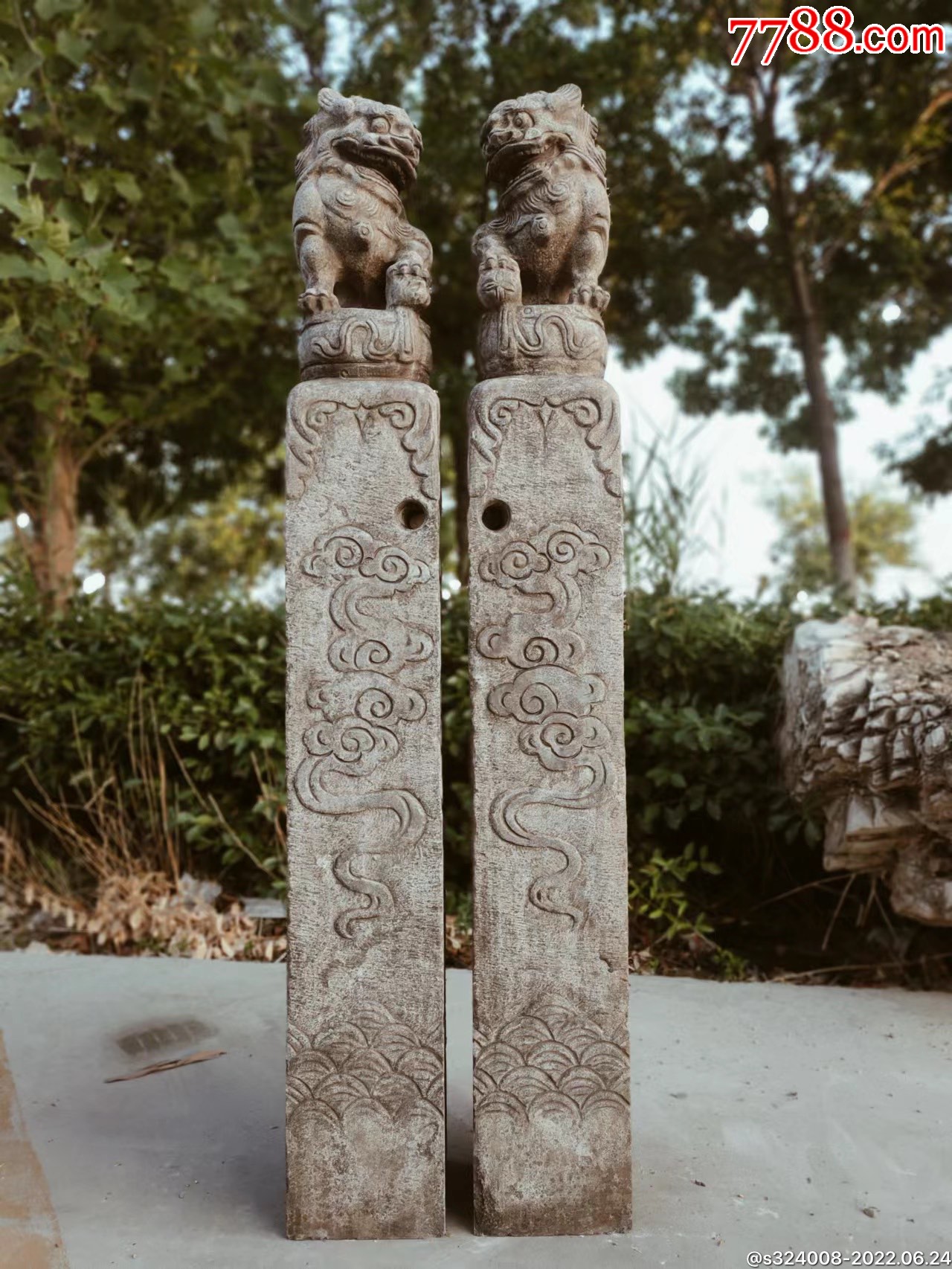青石栓马桩一对四面祥云全品完整