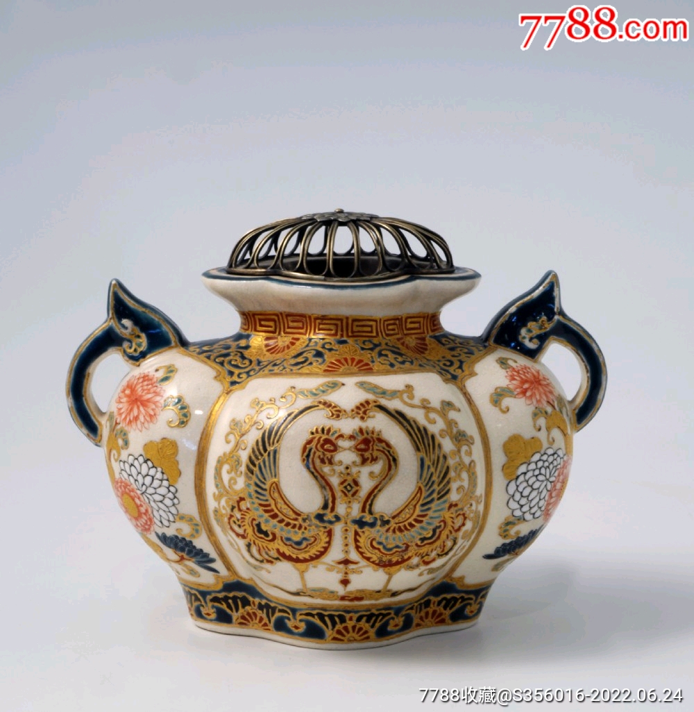 【精品瓷器】日本明治时代皇家萨摩烧描金双凤花卉纹炉