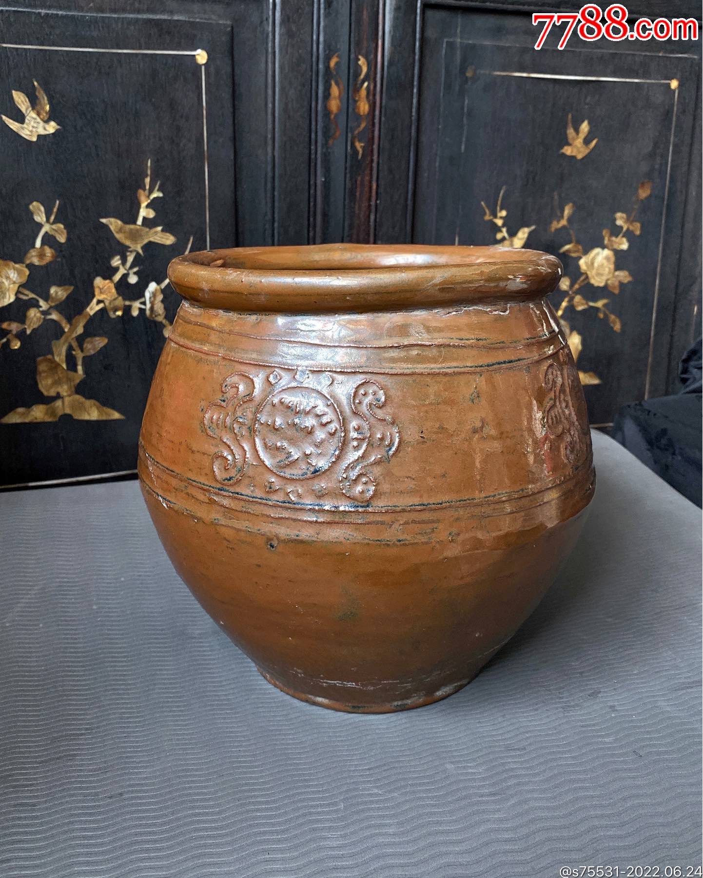 清末淄博窑生产紫金釉开光福寿鼓型卷缸_酱釉瓷/紫金釉_图片鉴别_收藏