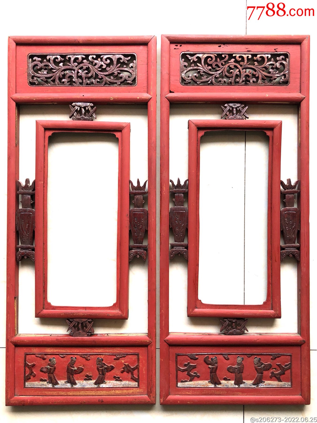 【民国】朱红挂屏画框一对-木门窗-7788收藏