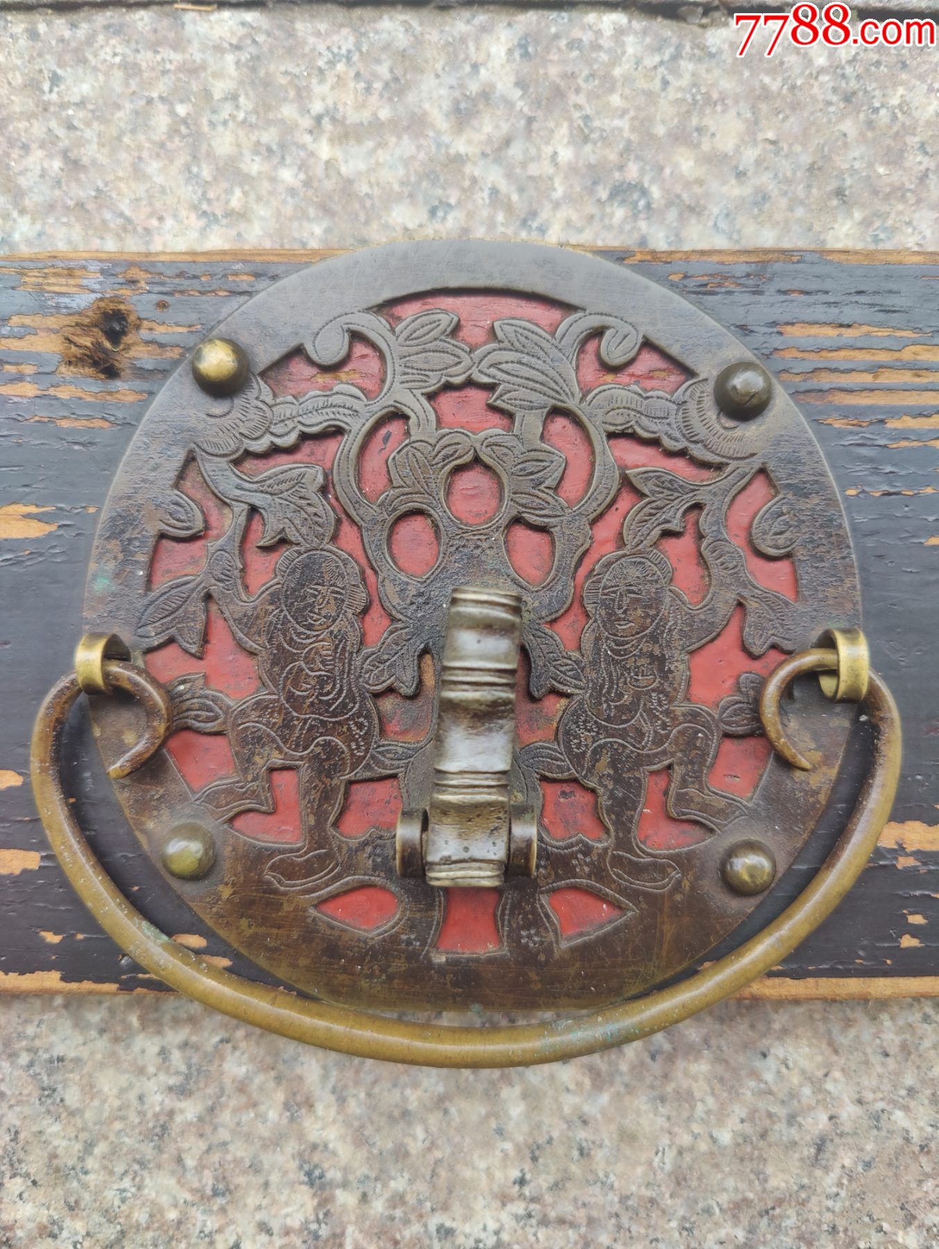 清代老家具柜子抽屉铜拉手铜片雕刻婴儿缠枝莲老铜拉手