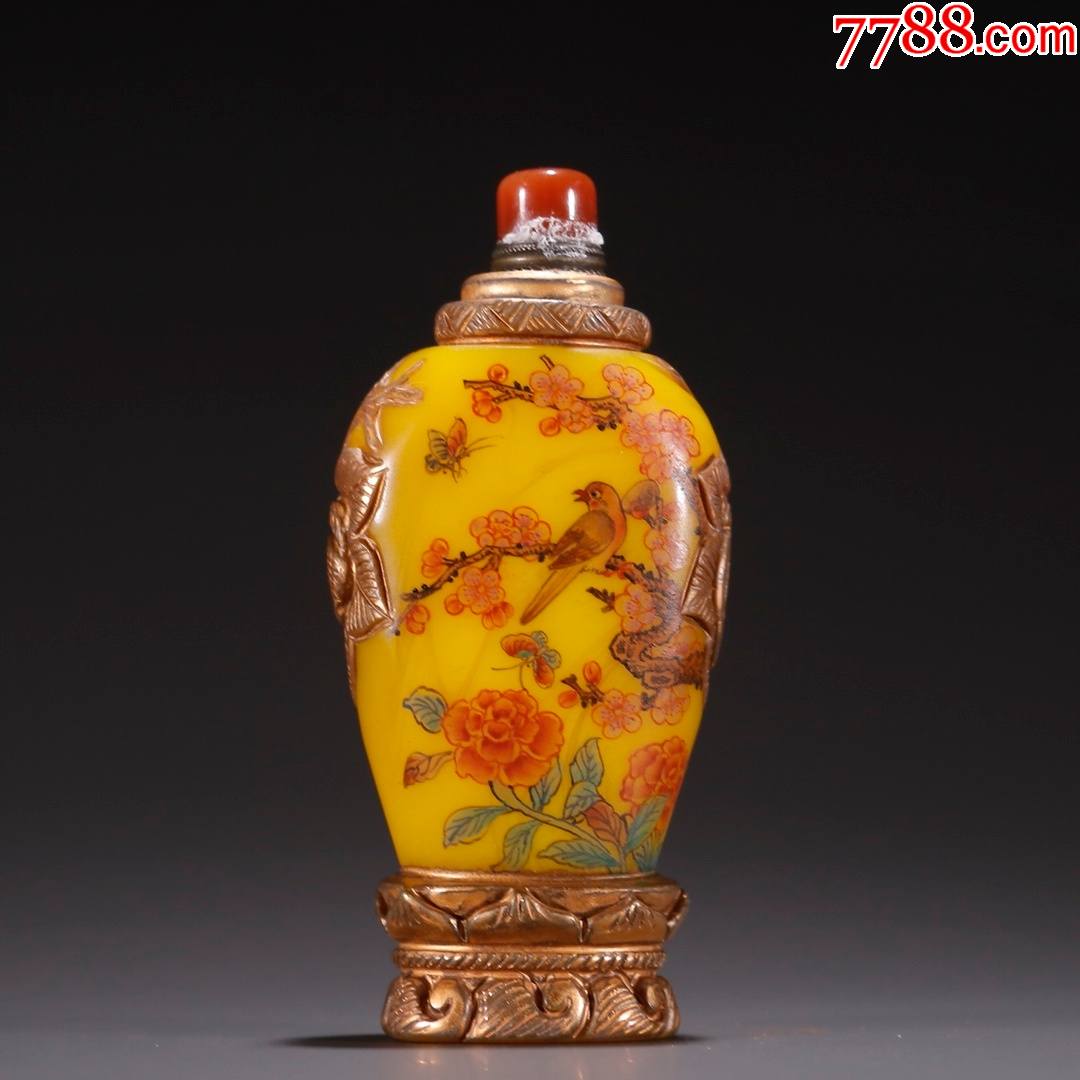 黄胎料器描金花鸟纹鼻烟壶