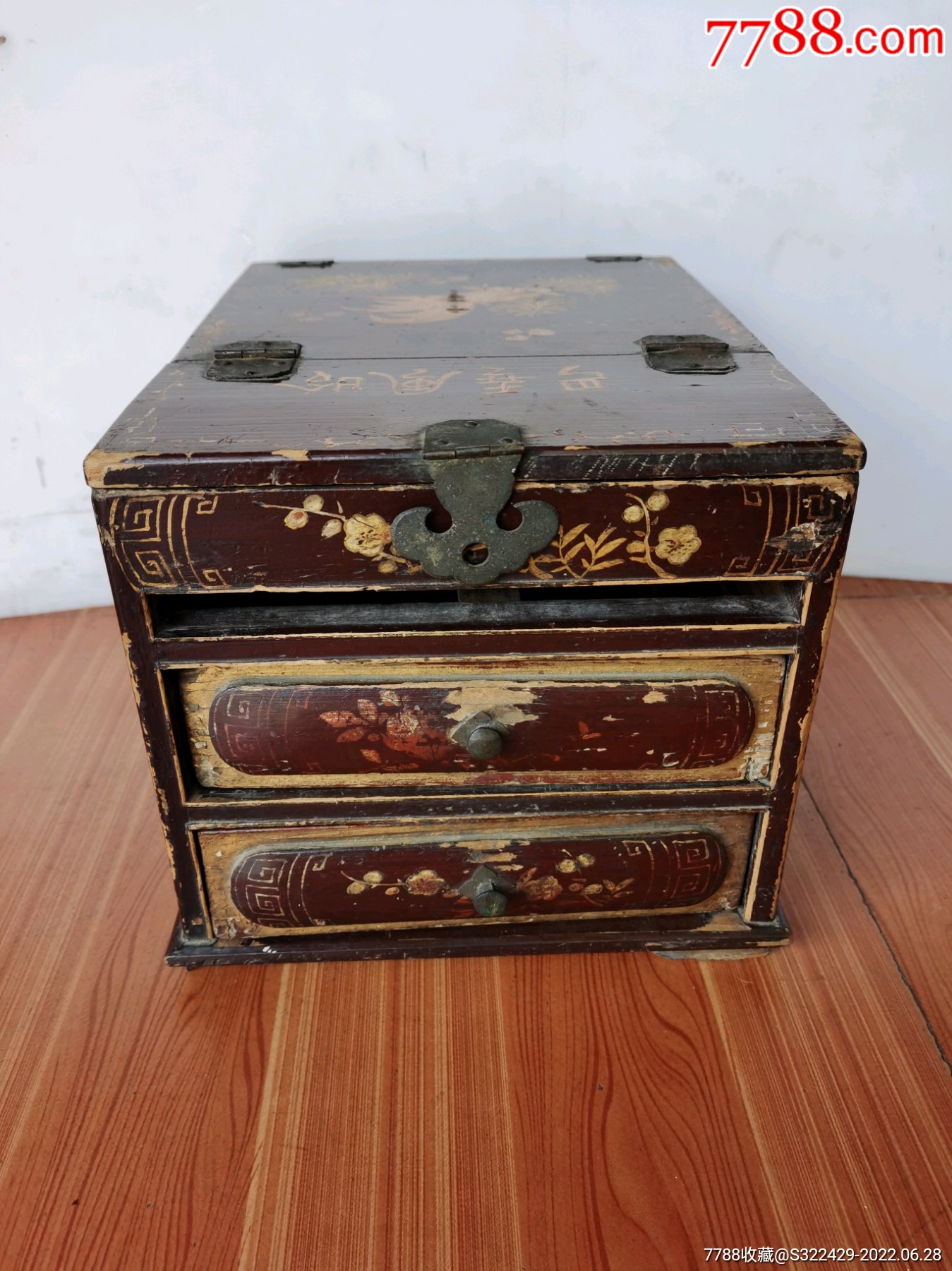 民国鎏金手绘花鸟文字老木箱木匣子收纳盒-价格:200元-se87945870