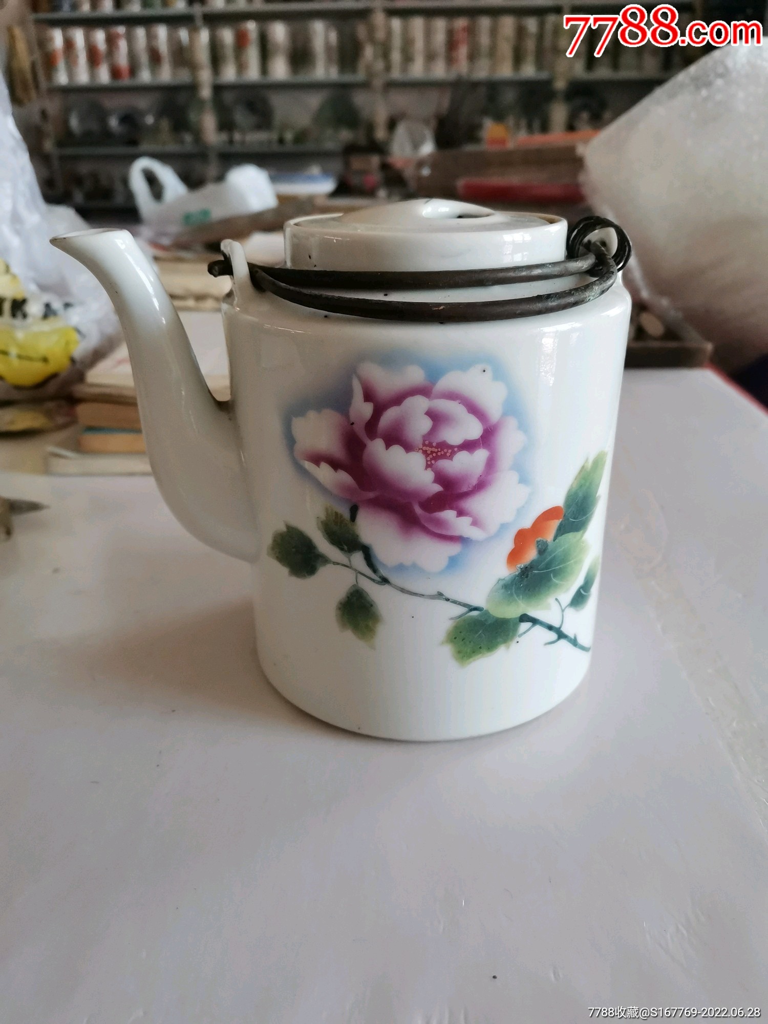 五十年代花绘提梁茶壶1把瓷质好小巧精致江西景德镇东风瓷厂出品完整