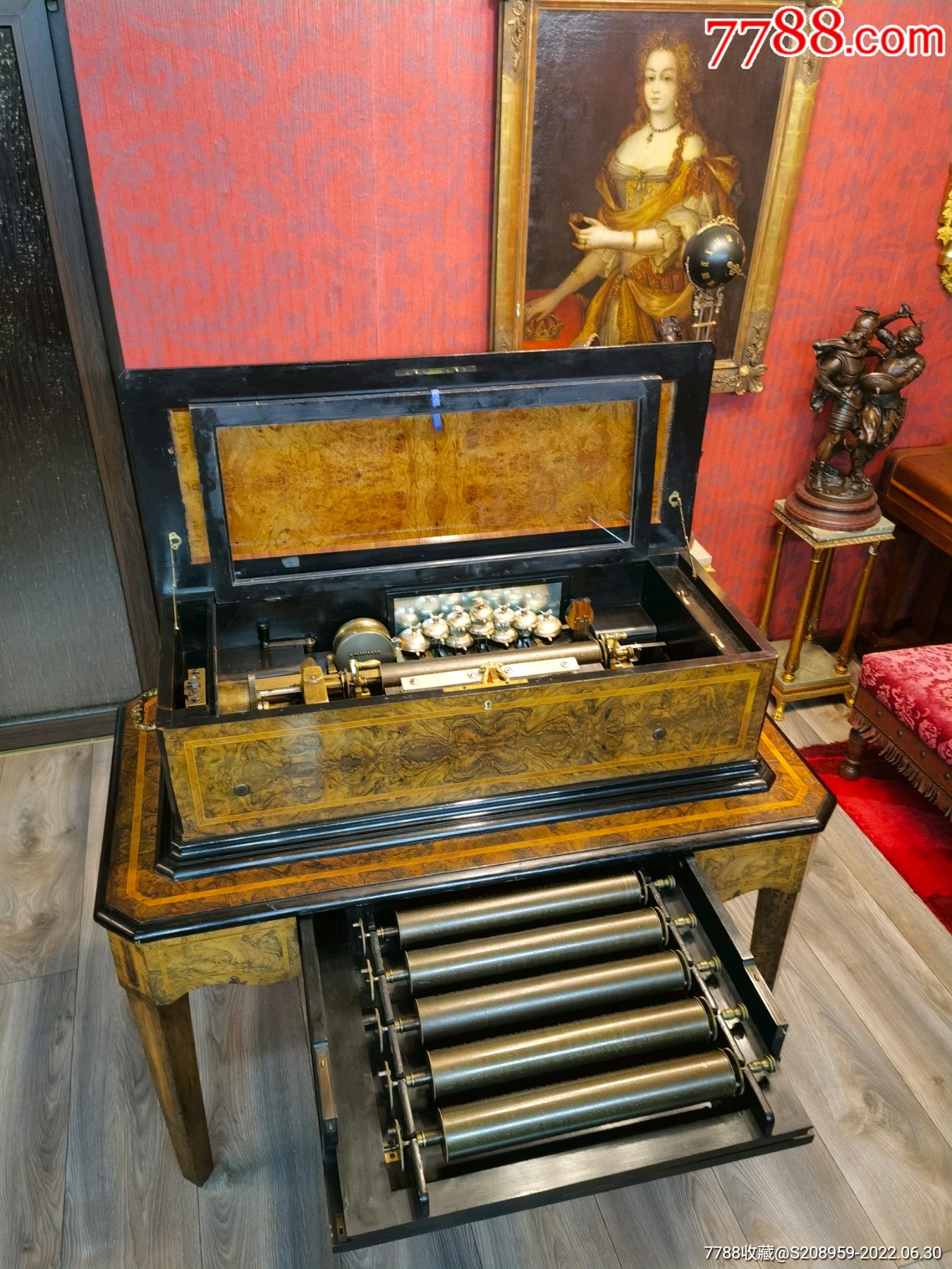 百年古董瑞士滚筒式八音盒大型机械手摇音乐盒