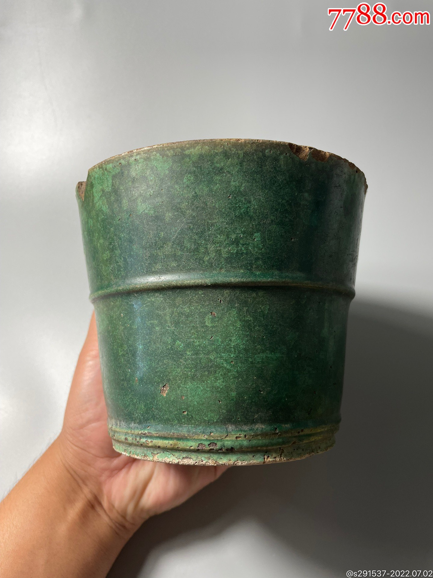 清中期瓜皮绿釉仿木桶小卷缸