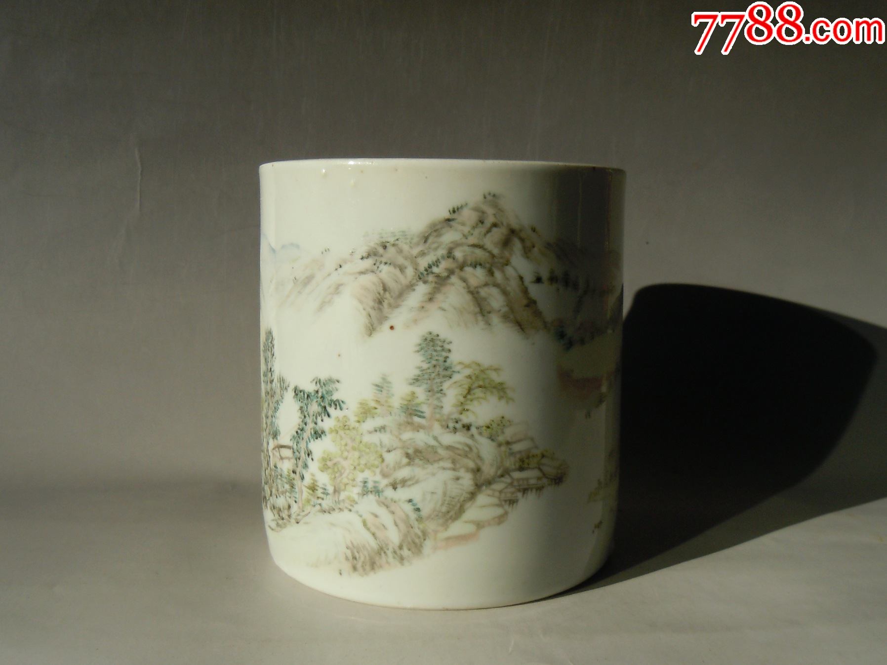 光绪浅绛彩山水笔筒!_彩绘瓷/彩瓷_收藏行情_回收价格_7788集邮卡