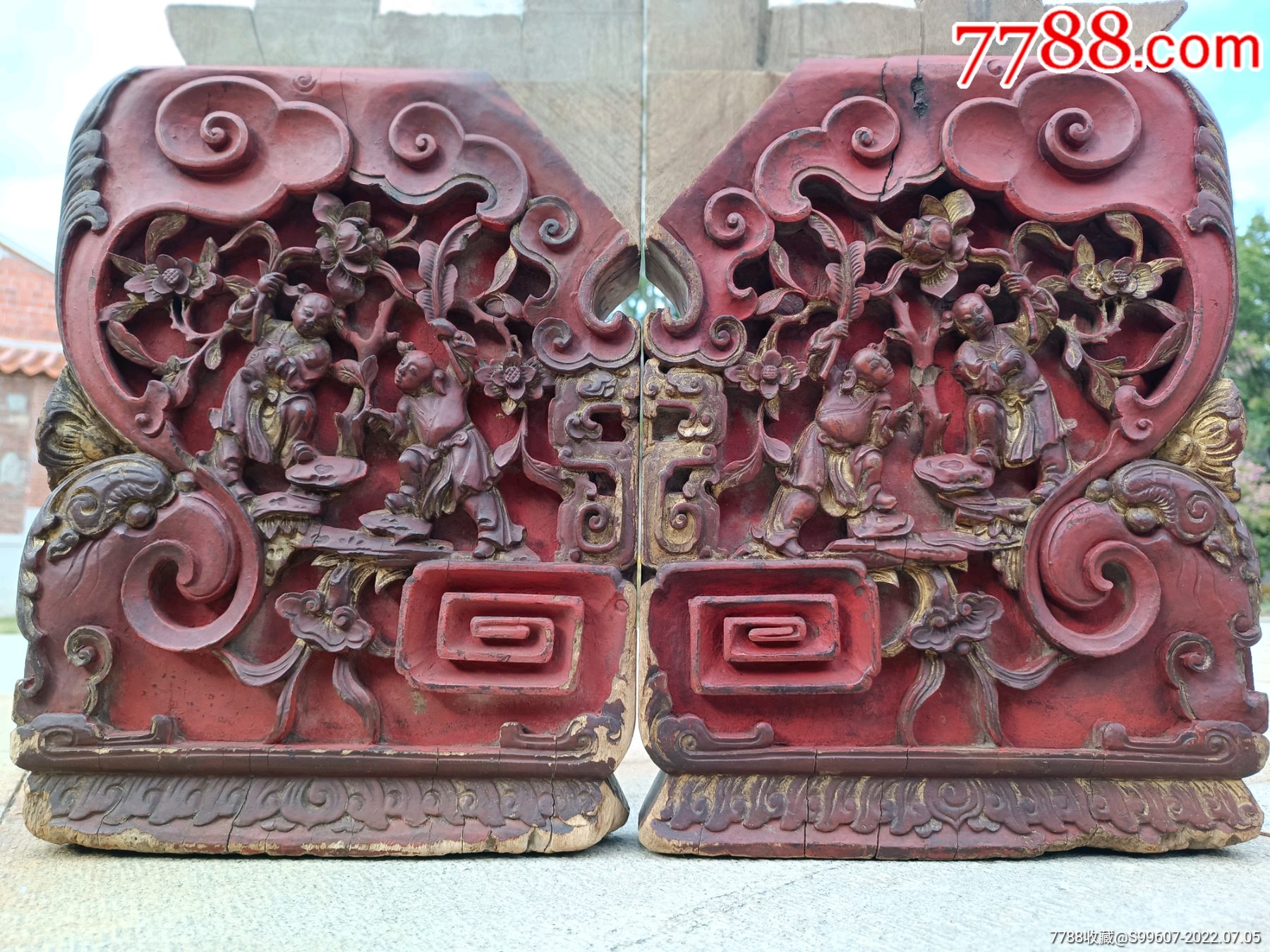 清代精品《和合二仙》老木雕老花板老床腿老摆件_木雕花板_磊哥木雕【7788收藏】
