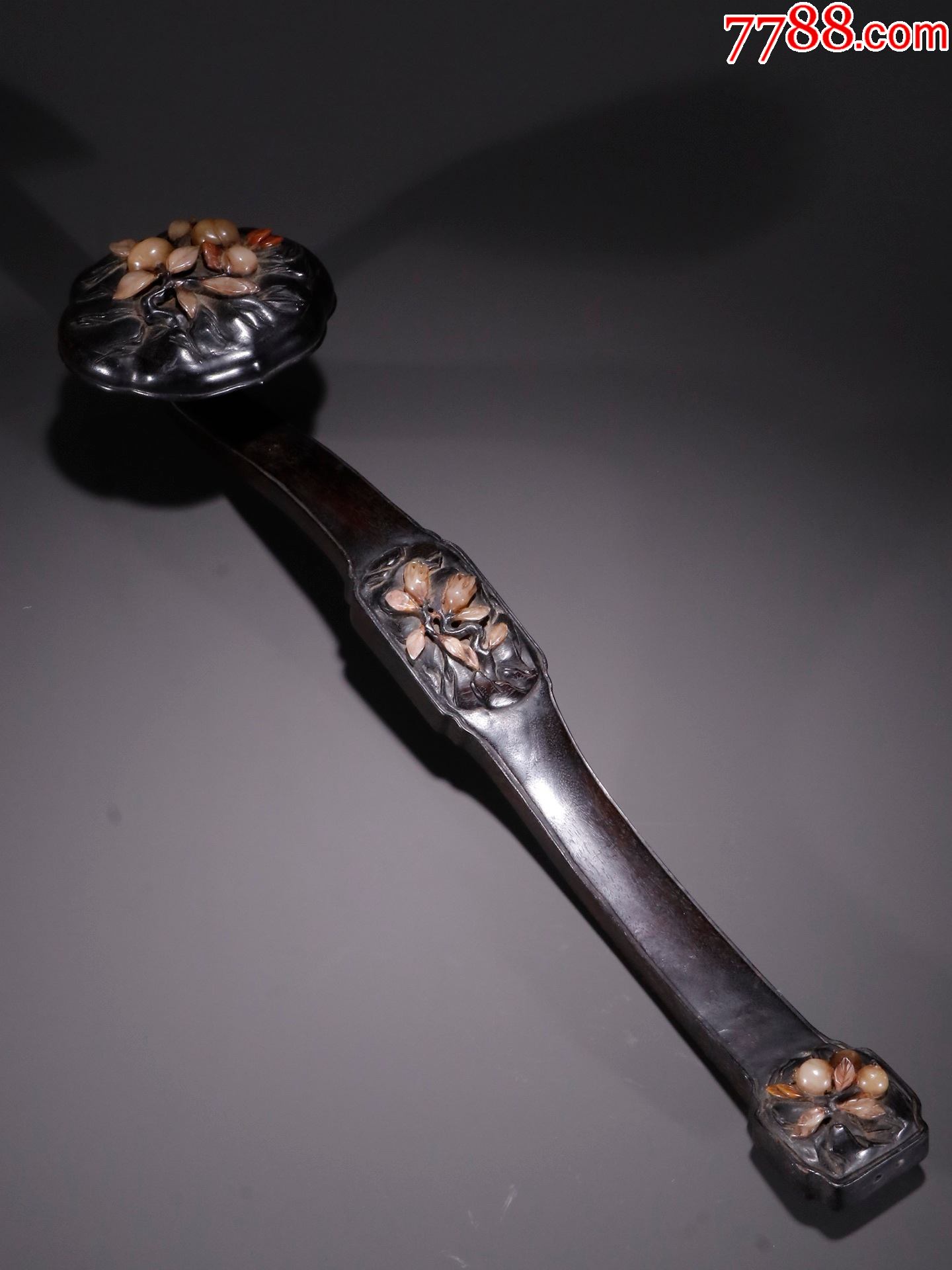紫檀木镶寿山石雕三多纹如意一柄_木雕摆件_秦皇阁啊【7788收藏__收藏热线】