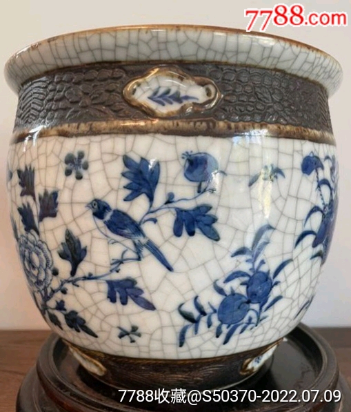 清代哥窑青花花鸟纹画缸-青花瓷-7788旧书网