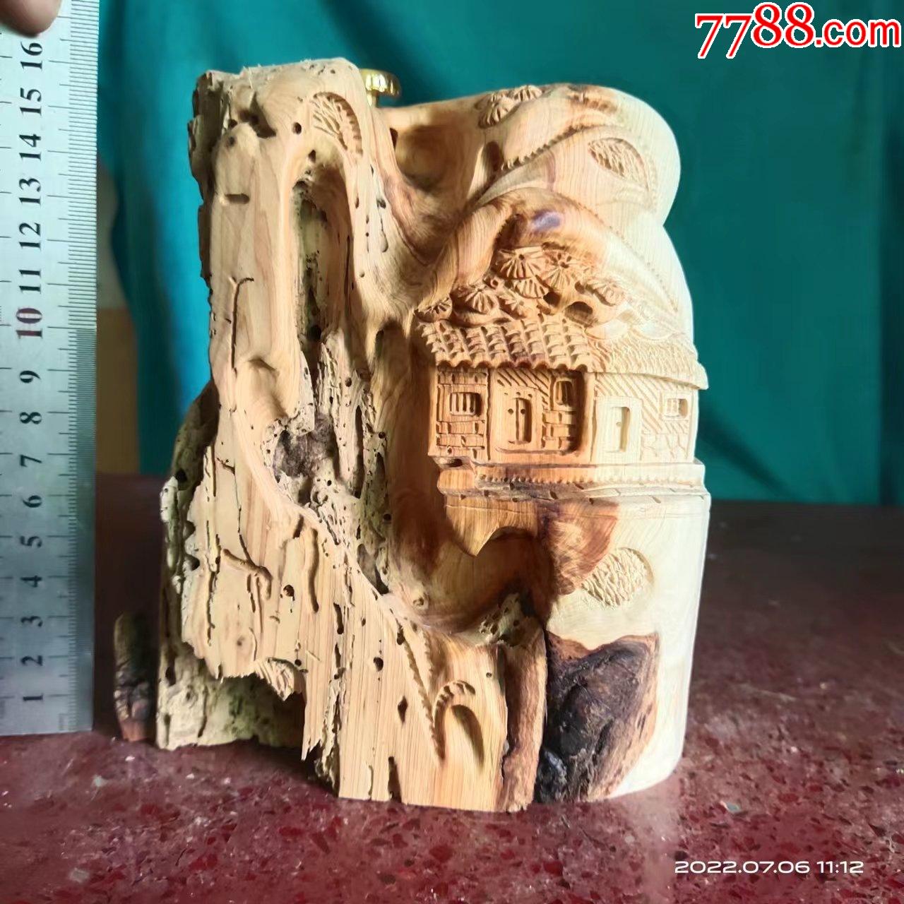 高16宽15厚7厘米,纯手工雕刻,崖柏木雕山水画山里人家包邮-价格:160元