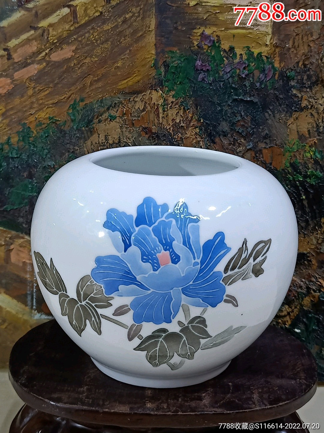 醴陵群力老瓷.90年代群力釉下五彩手绘蓝牡丹水洗水盂_彩绘瓷/彩瓷_图片