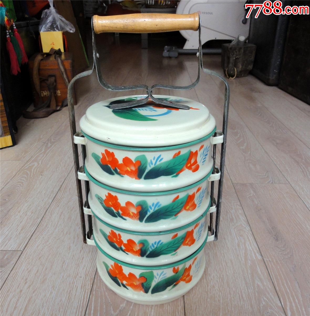 老国货收藏2208-七八十年代天平牌多层提梁式搪瓷饭盒一套-大号好品