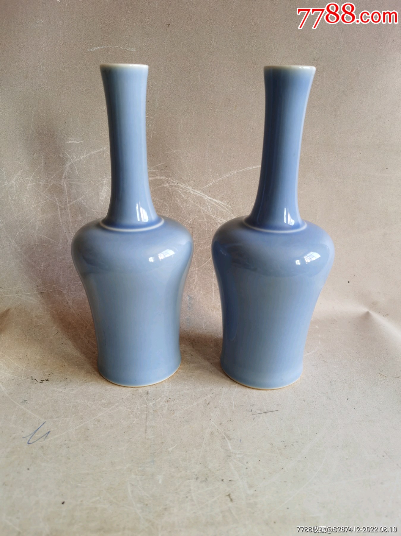 一对天蓝釉摇铃尊花瓶-蓝釉瓷-7788端砚