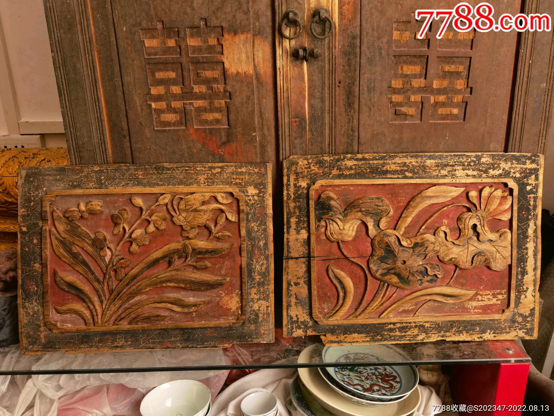 清代老木雕花板一对,长42.8,宽31,厚1.3,雕兰花和一品清莲_木雕花板_广西老槐树古玩收藏【7788收藏】