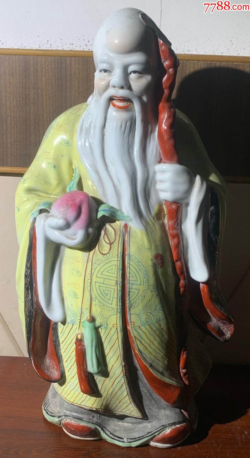 八十年代石湾陶瓷粉彩寿星仙桃人物摆件大号厚重高34厘米ck.