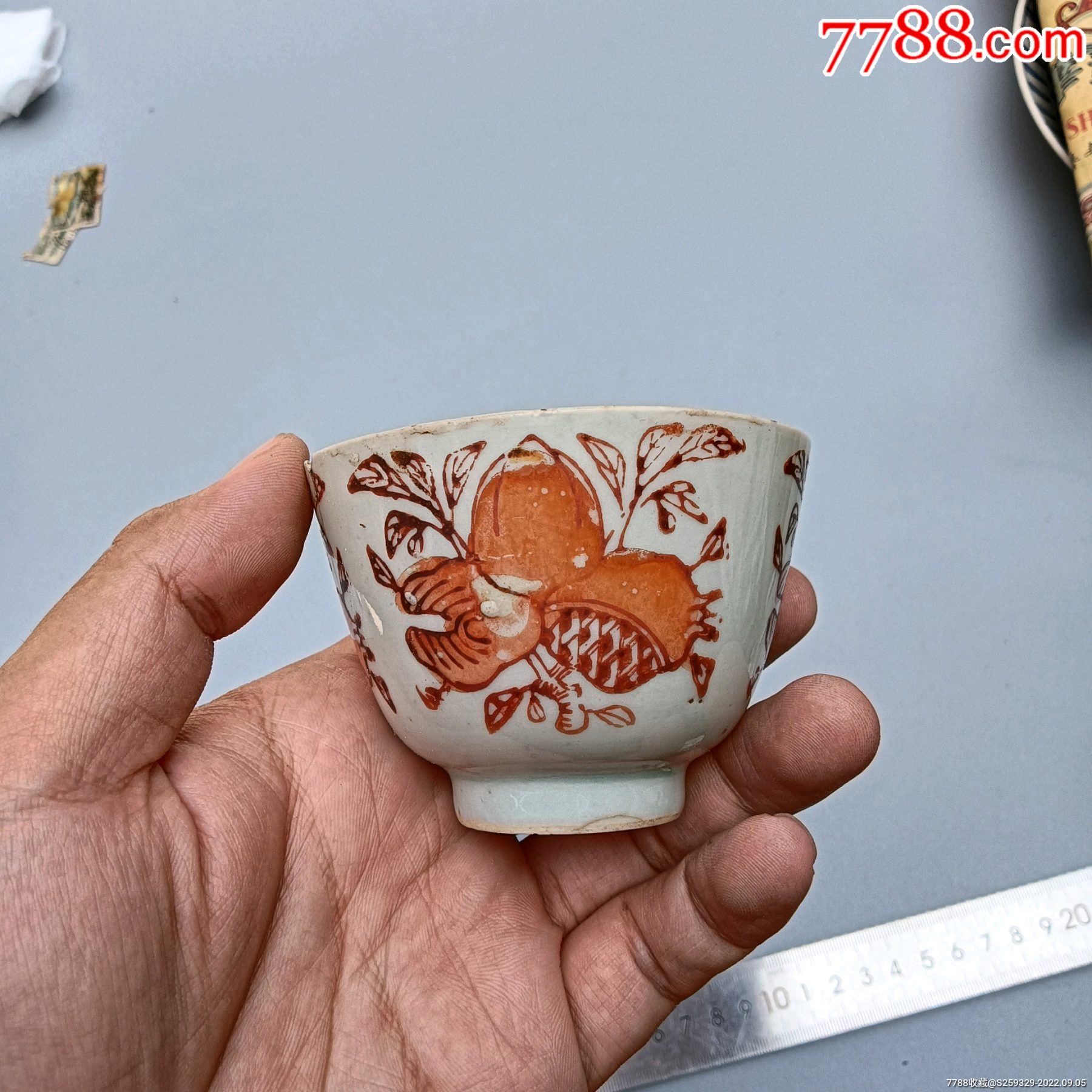 民国时期手绘矾红色花卉寿字杯一个_水杯/杯具_图片价格_收藏回收_7788粮票收藏