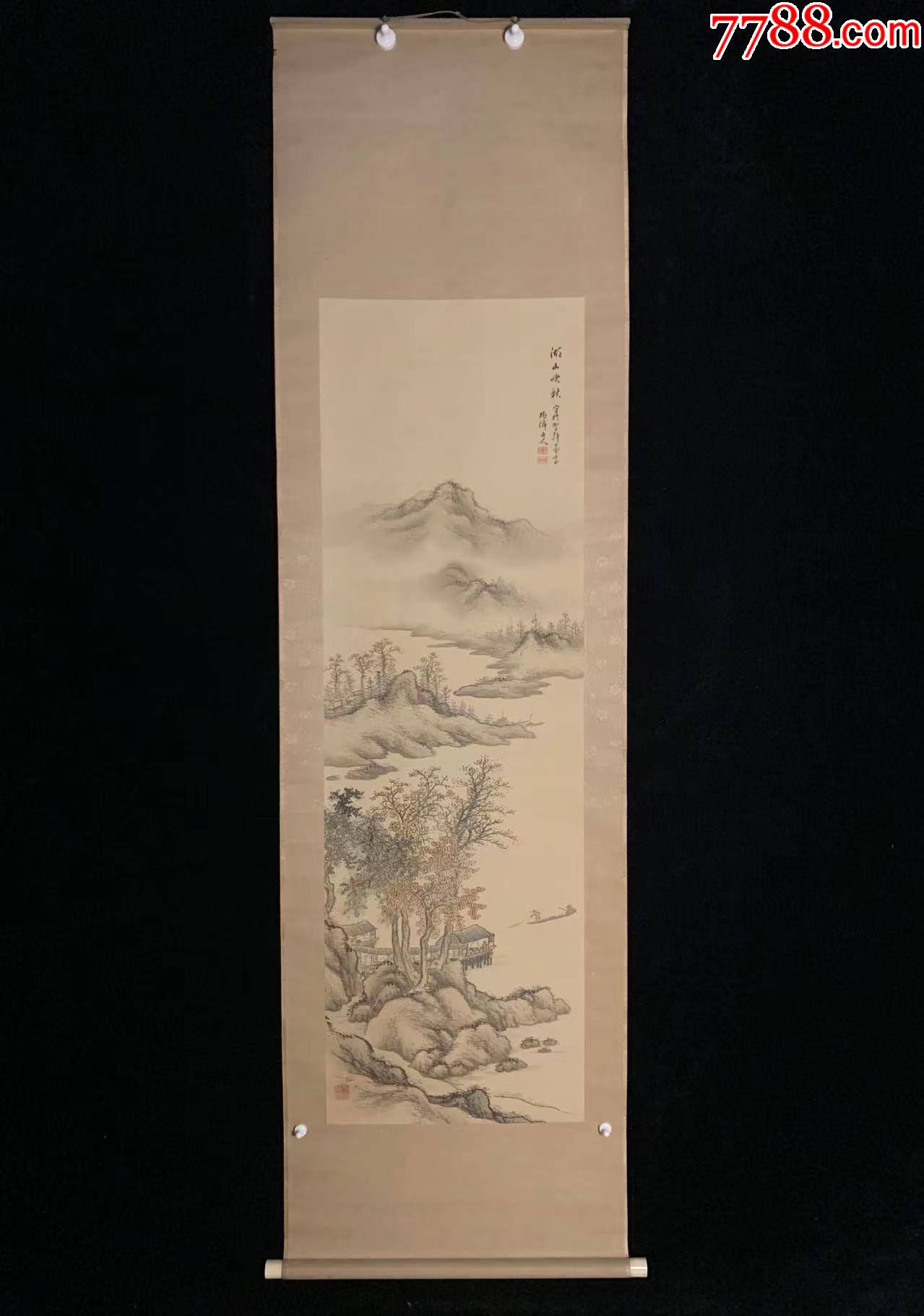 【手绘】宫原柳僊湖山晚秋5874绢本回流老字画书房茶室古书画收藏_山水国画原作_山东文玩【7788商城】