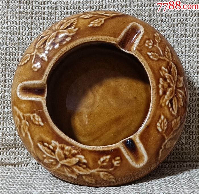 7080年代外销出口黄釉瓷花卉纹烟灰缸底款中英文中国制造_黄釉瓷_图片