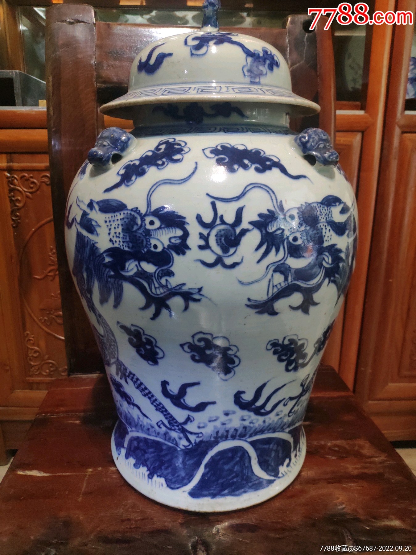 清三代乾隆青花双龙戏珠大将军罐-青花瓷-7788青田石