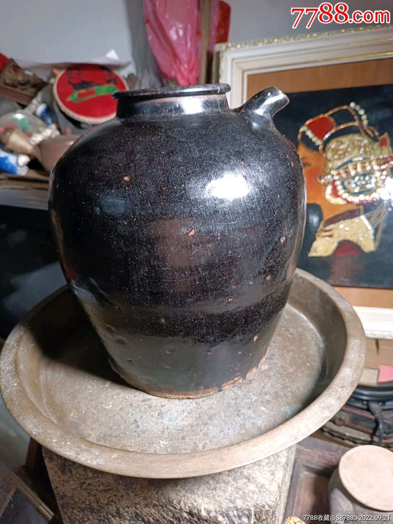 元代黑金釉耀州窑高肩酒瓶-灰陶-7788粮票收藏