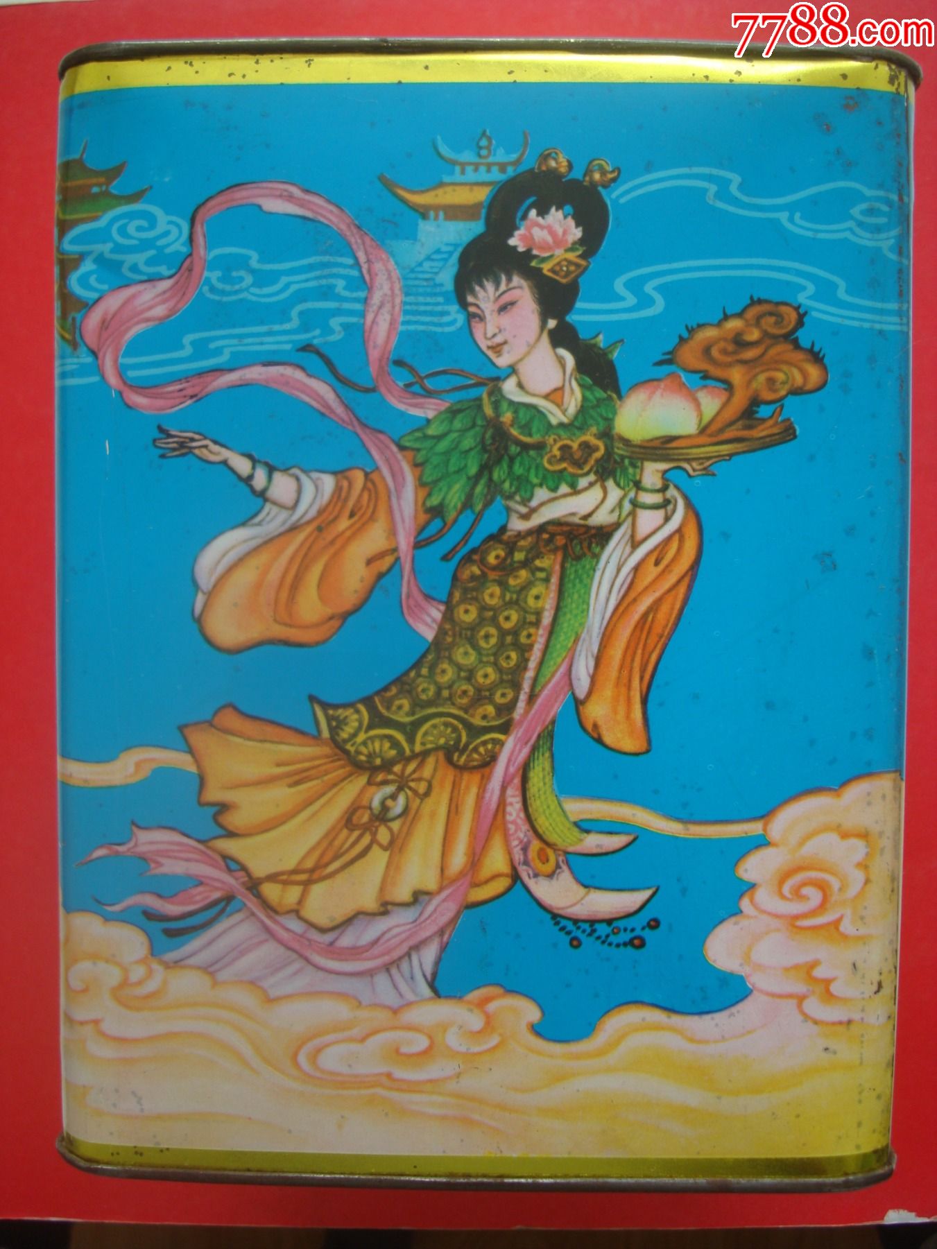 七仙女赶蟠桃会图案――江西鹰潭市印铁制罐厂-旧盒子-7788黄龙玉