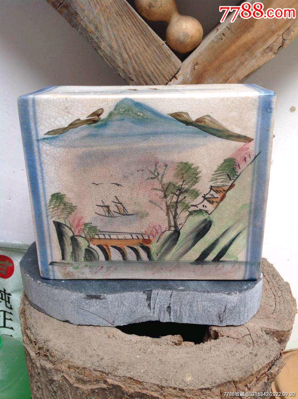 手绘粉彩山水瓷枕-彩绘瓷/彩瓷-7788紫砂