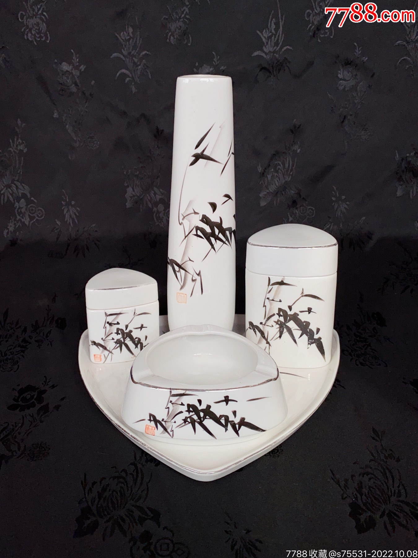 80年代博山陶瓷定做手绘竹子墨竹瓷器5件套-价格:388元-se89856612