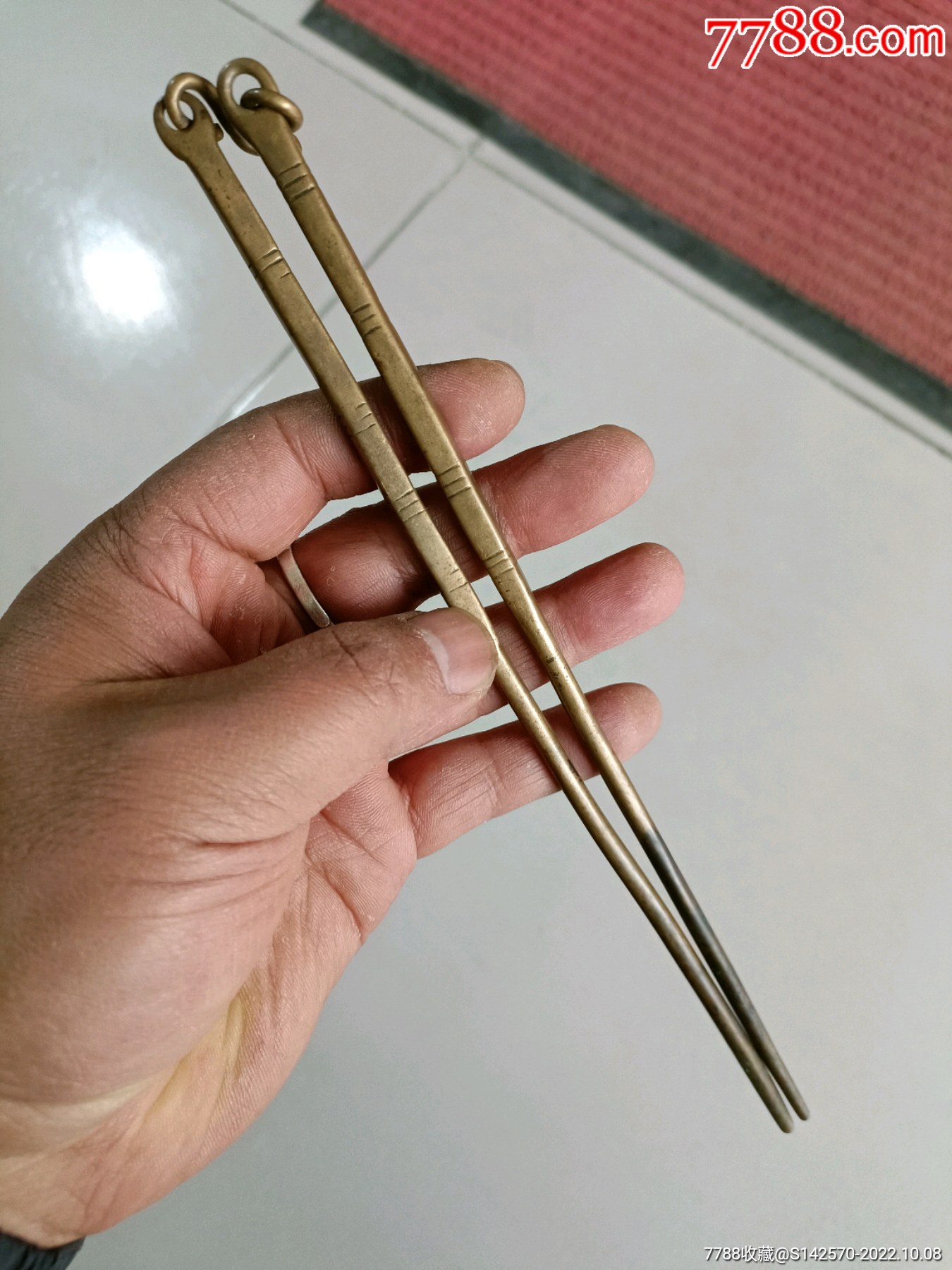 清代黄铜火筷子一双完整保老保真-铜杂件-7788收藏