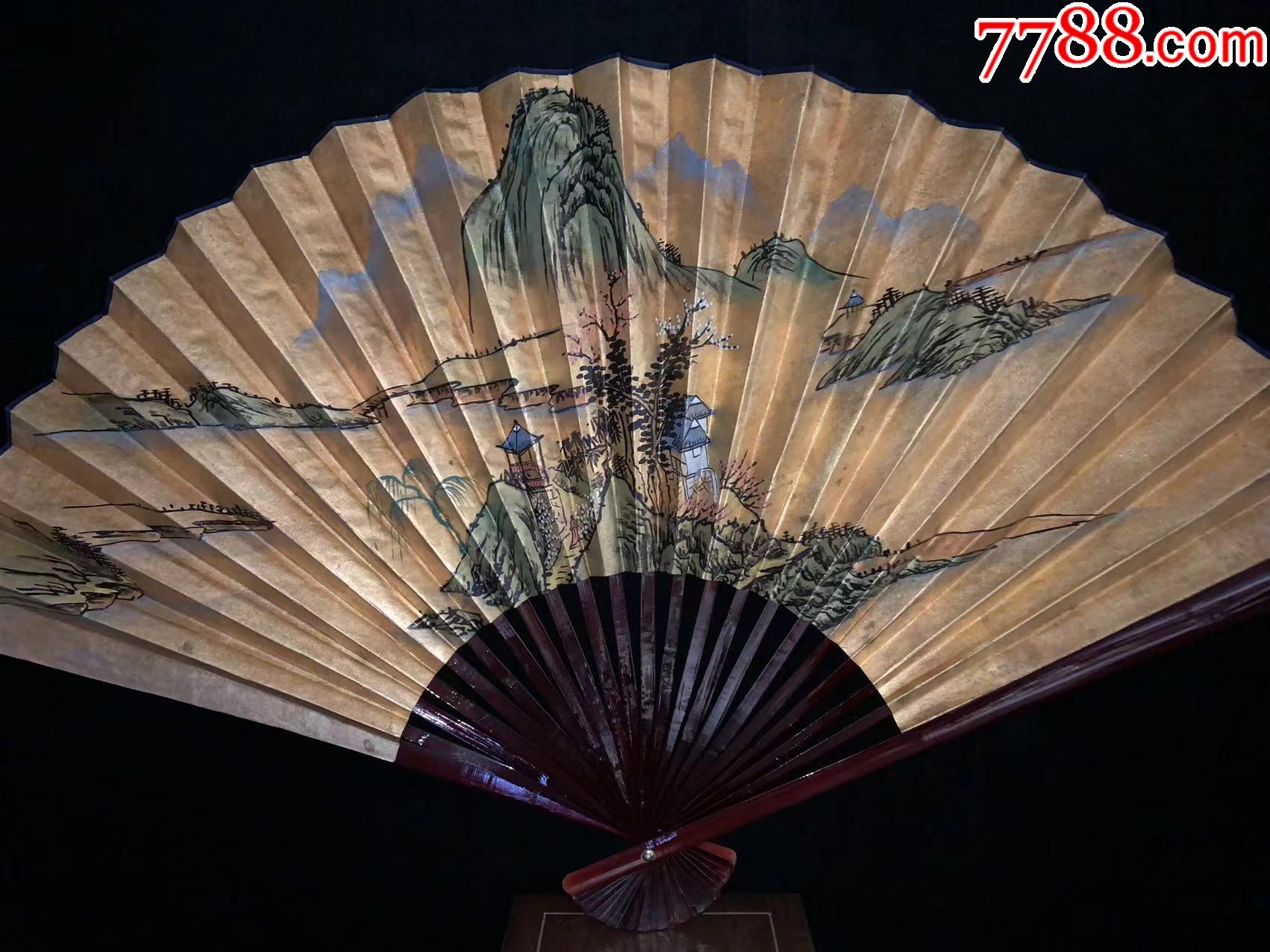 【手绘】创汇时期福建产大扇子回流老字画书房茶室中古真迹成品-山水国画原作-7788收藏