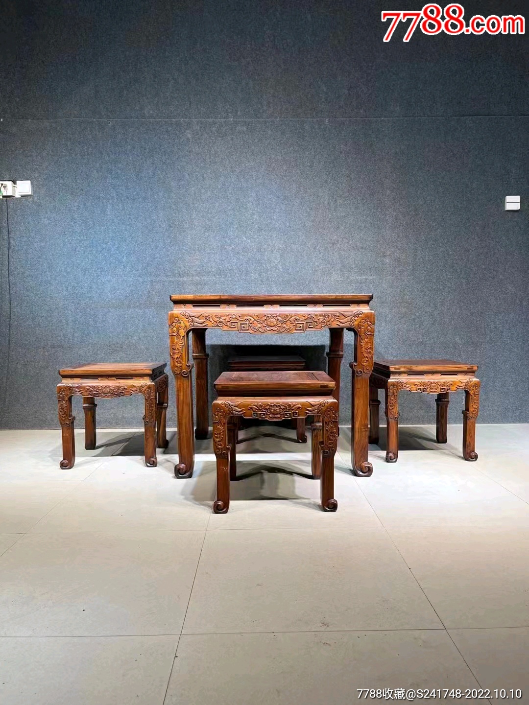 清代海南黄花梨方桌五件套古董传世黄花梨老家具_木柜/木橱_图片收藏