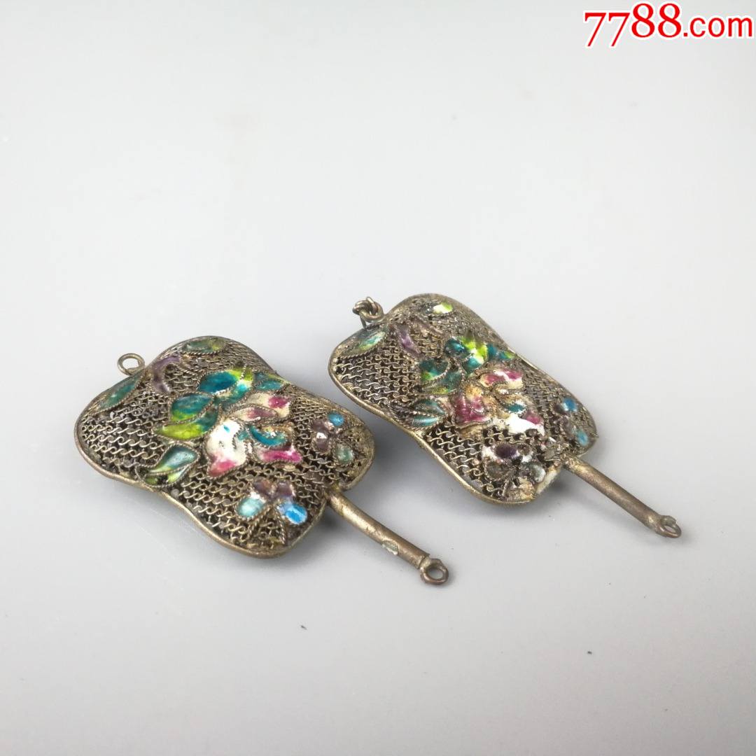 清代镂空烧蓝银帽花一对_其他银器_图片价格_收藏交易_7788集卡网