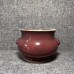 古董老瓷器传世清代单色釉瓷器大清乾隆年制茄皮紫兽耳炉瓷香炉