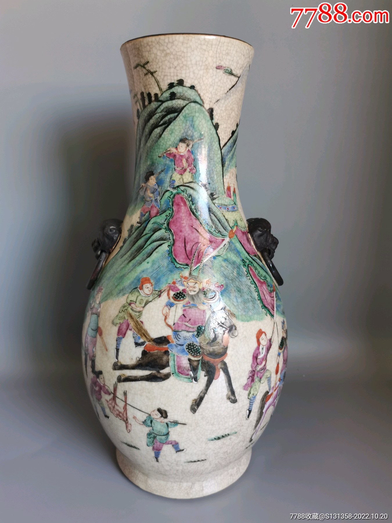 清咸丰哥釉粉彩人物双辅首耳琵琶尊-彩绘瓷/彩瓷-7788田村卡收藏