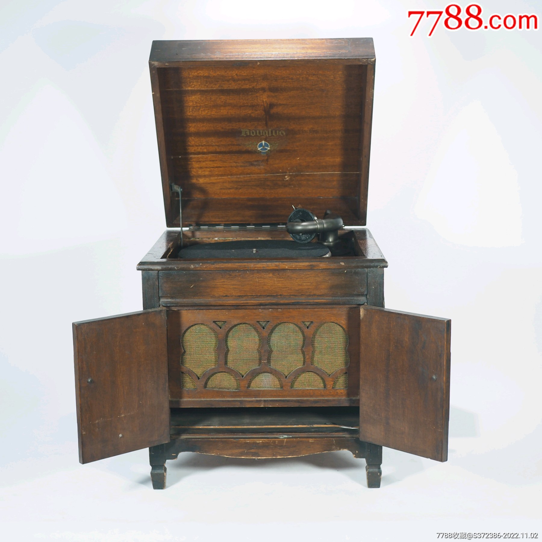 文机　古材家具 西洋古董老货好物黑胶唱片留声机78转黑胶唱片手摇柜式留声机-老唱机