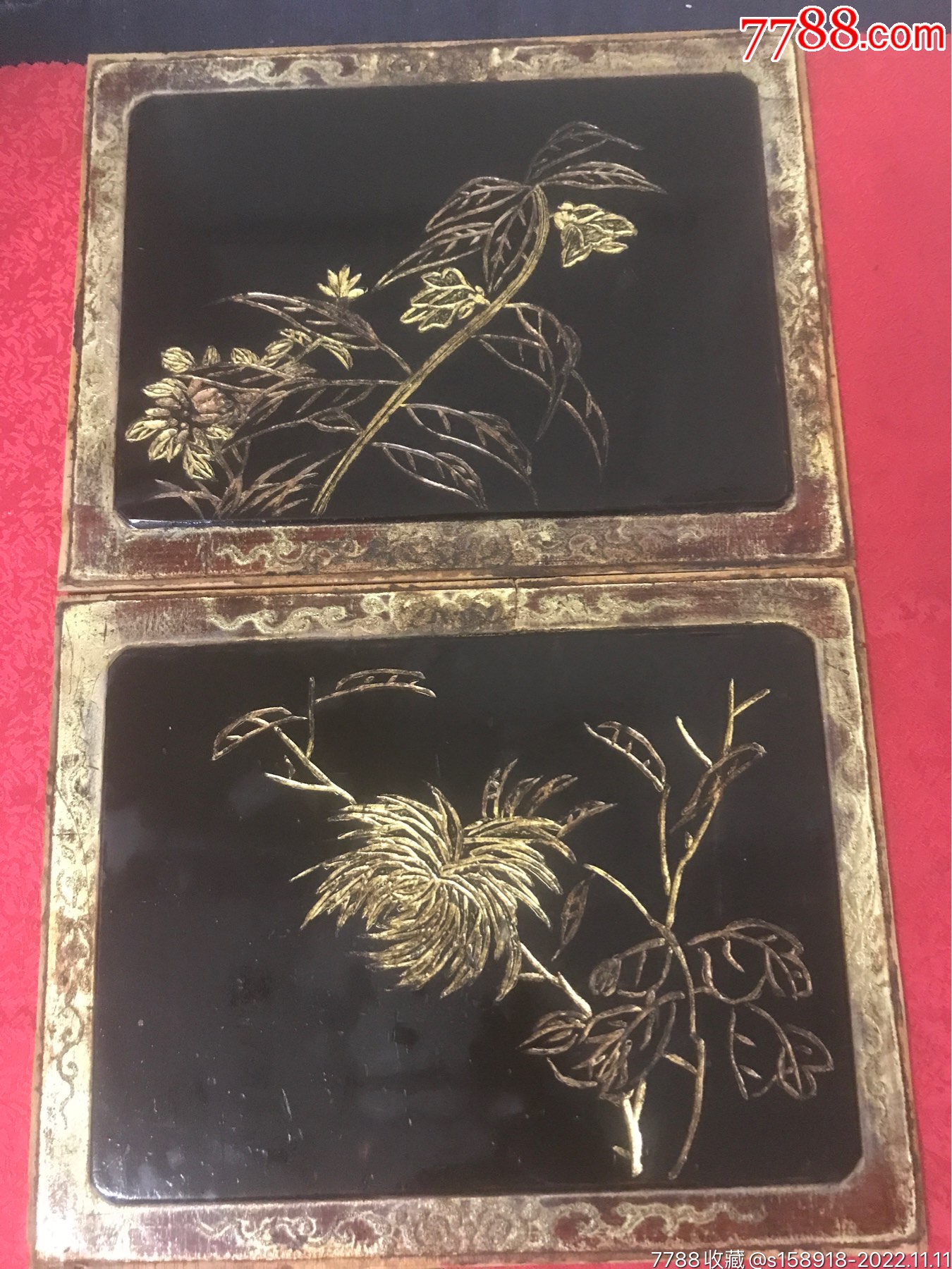 民国独板阴刻描金花卉雕板一对_木雕花板_东瓯万宝斋【7788收藏__收藏热线】