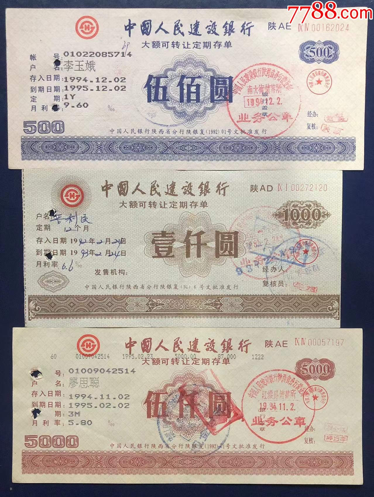 陕西省建设银行大额可转让定期存单全套