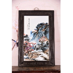 红木框镶白底珐琅彩掐金丝瓷板画竖挂中堂挂屏《三星高照》_镶嵌