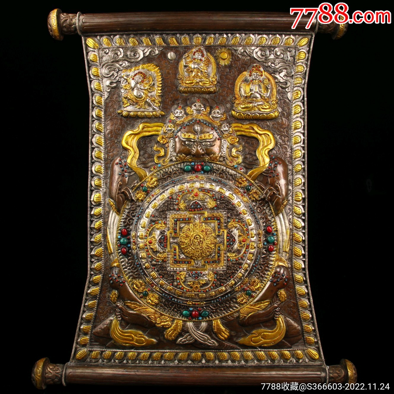 旧藏西藏寺院收纯铜镶嵌宝石藏传佛教錾刻鎏金鎏银坛城唐卡一张品相保存完好_其它佛/道藏品_作品欣赏_收藏价值_7788书法收藏