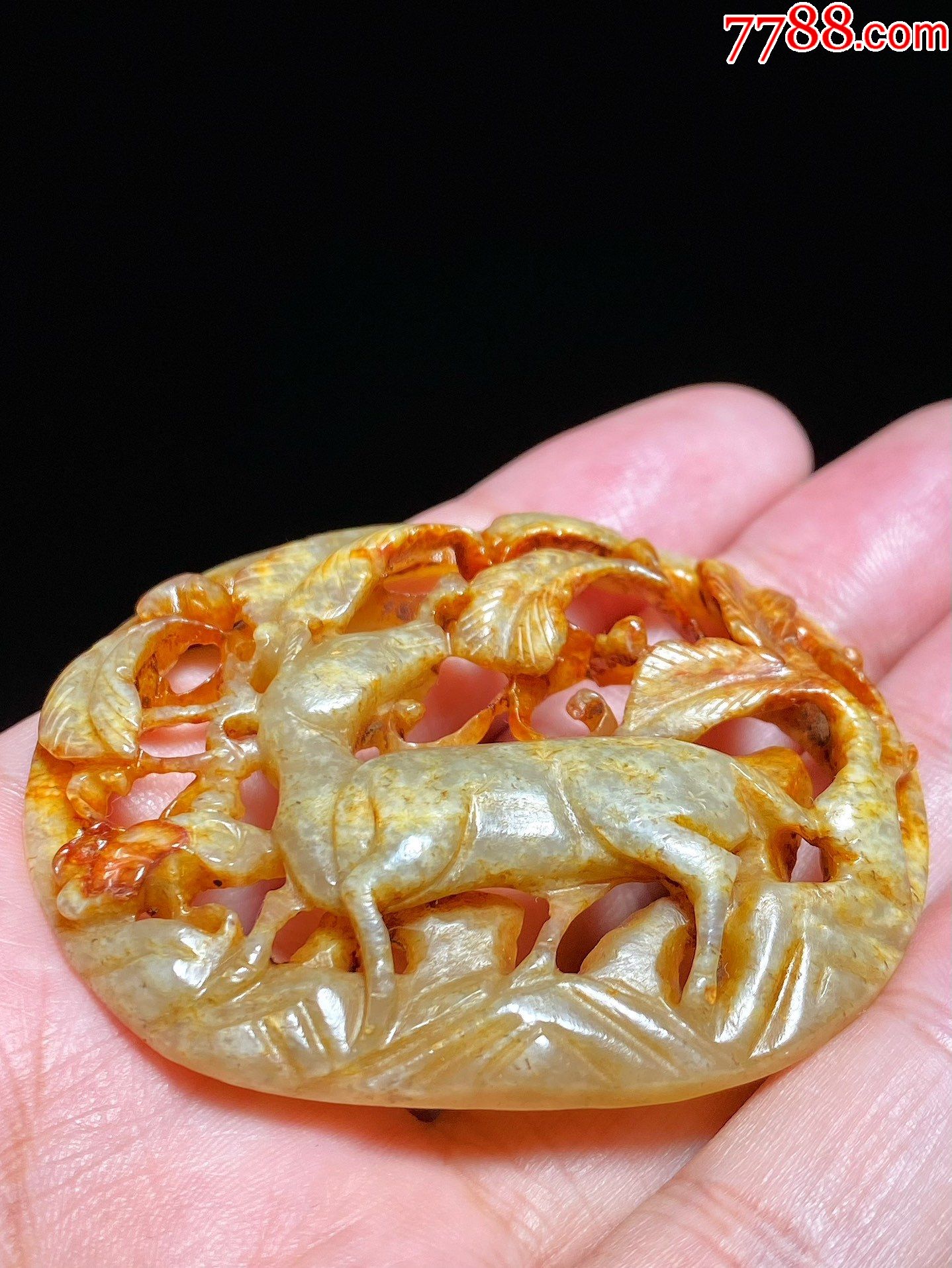 明和田玉籽料鹿纹秋山玉嵌饰瓦子_和田玉_海外回流文玩玉器【7788收藏__收藏热线】