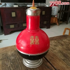 老暖壶，保温壶，铝质异形喜字暖水瓶，总高30cm，中国大连出品，