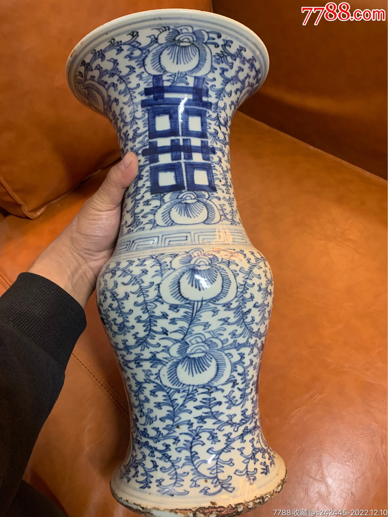 清中期喜字缠枝莲纹花觚-青花瓷-7788红宝书