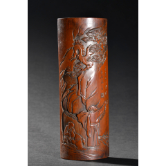 清代"傅以渐"名家款老竹雕人物故事文房臂隔