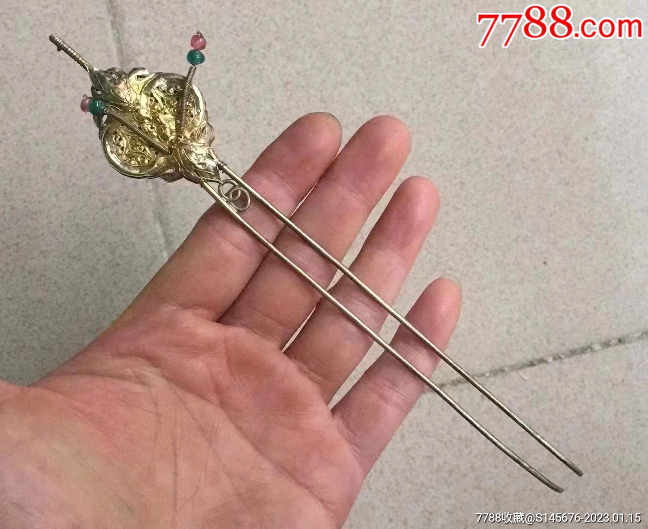 鎏金福寿双全老银钗_银簪/银钗_品种图片_收藏价格_7788核雕收藏