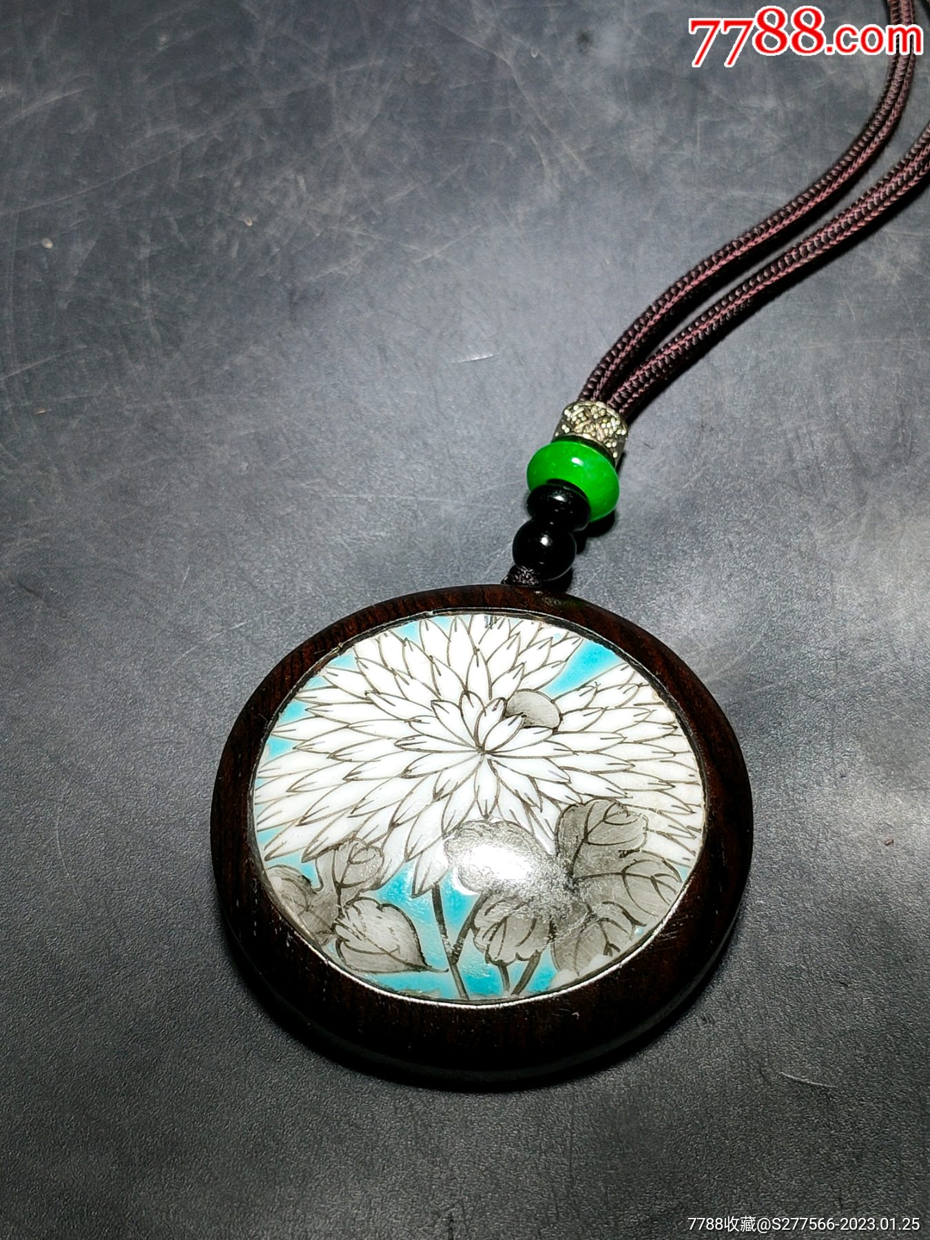 清代粉彩墨彩菊花纹瓷片镶嵌紫光檀挂牌_镶嵌瓷/瓷片_藏宝斋古玩艺术品店【7788收藏__收藏热线】