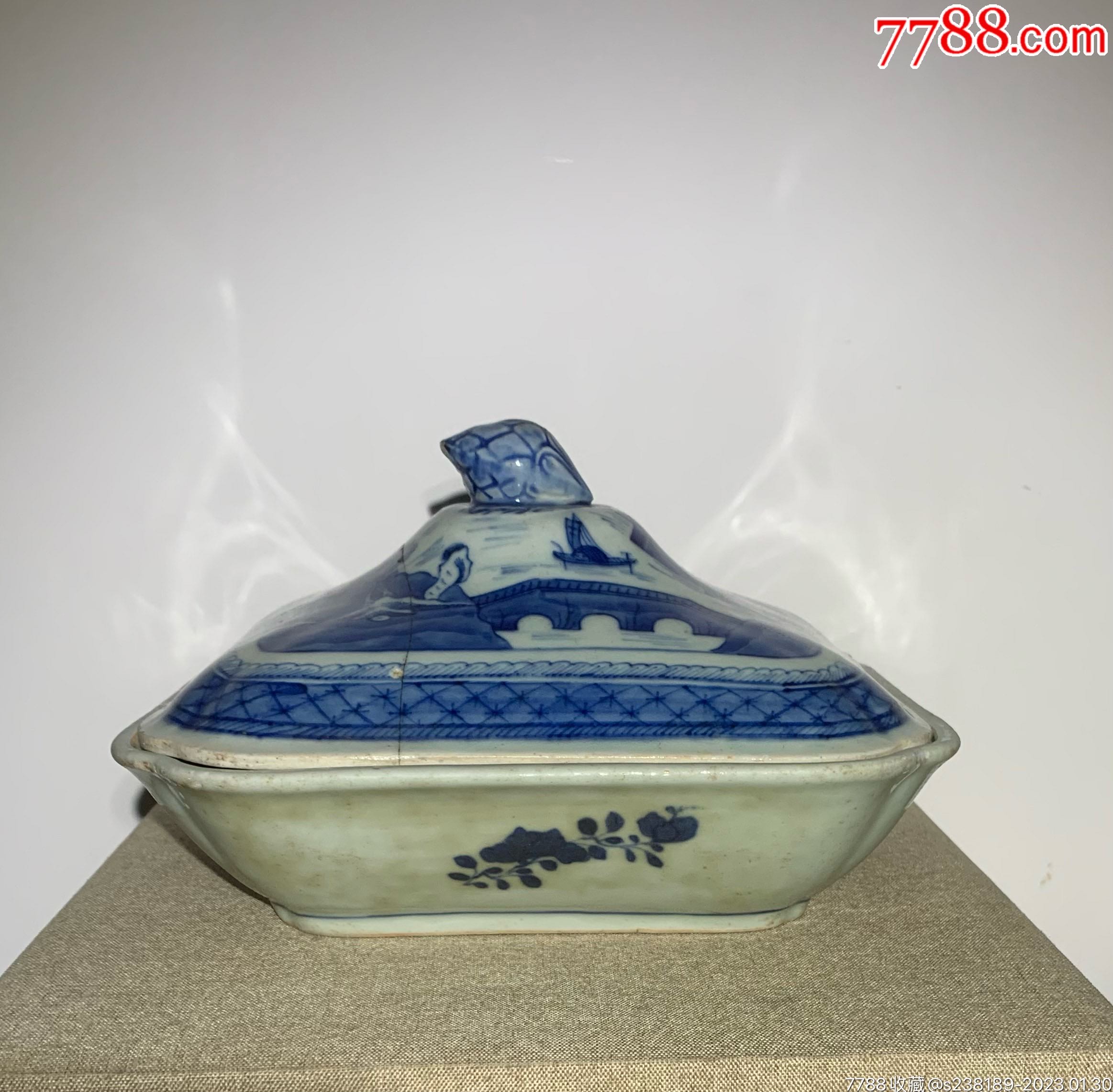 清乾隆外销青花山水亭台楼阁大盖盒-青花瓷-7788文玩