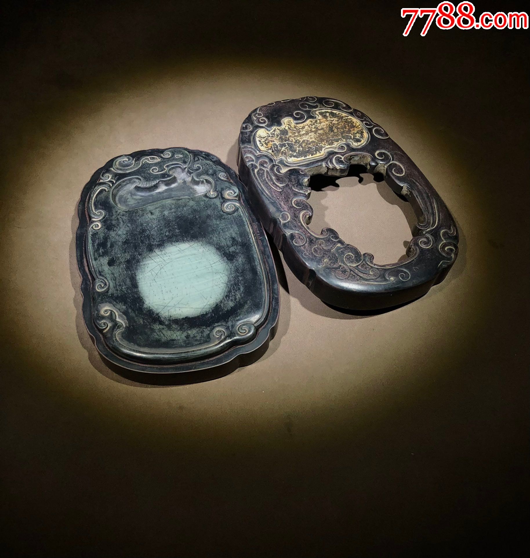松花石嵌鱼化石双凤套砚椭圆形綠色石砚-松花砚-7788旧书网