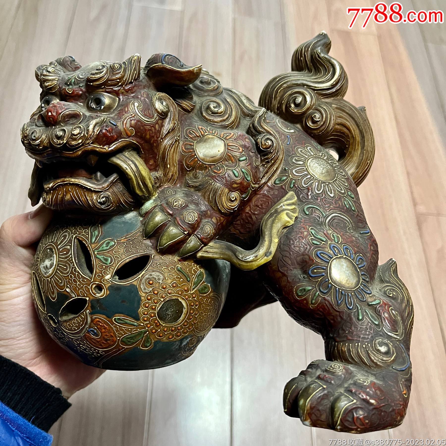 彩彩狮子抱球古董古玩收藏老物件民俗杂项海外回流等_彩绘瓷/彩瓷