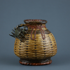 清乾隆-甄宗元仿生瓷八方来财竹鱼篓摆件-雕塑瓷/瓷雕-7788奇石收藏