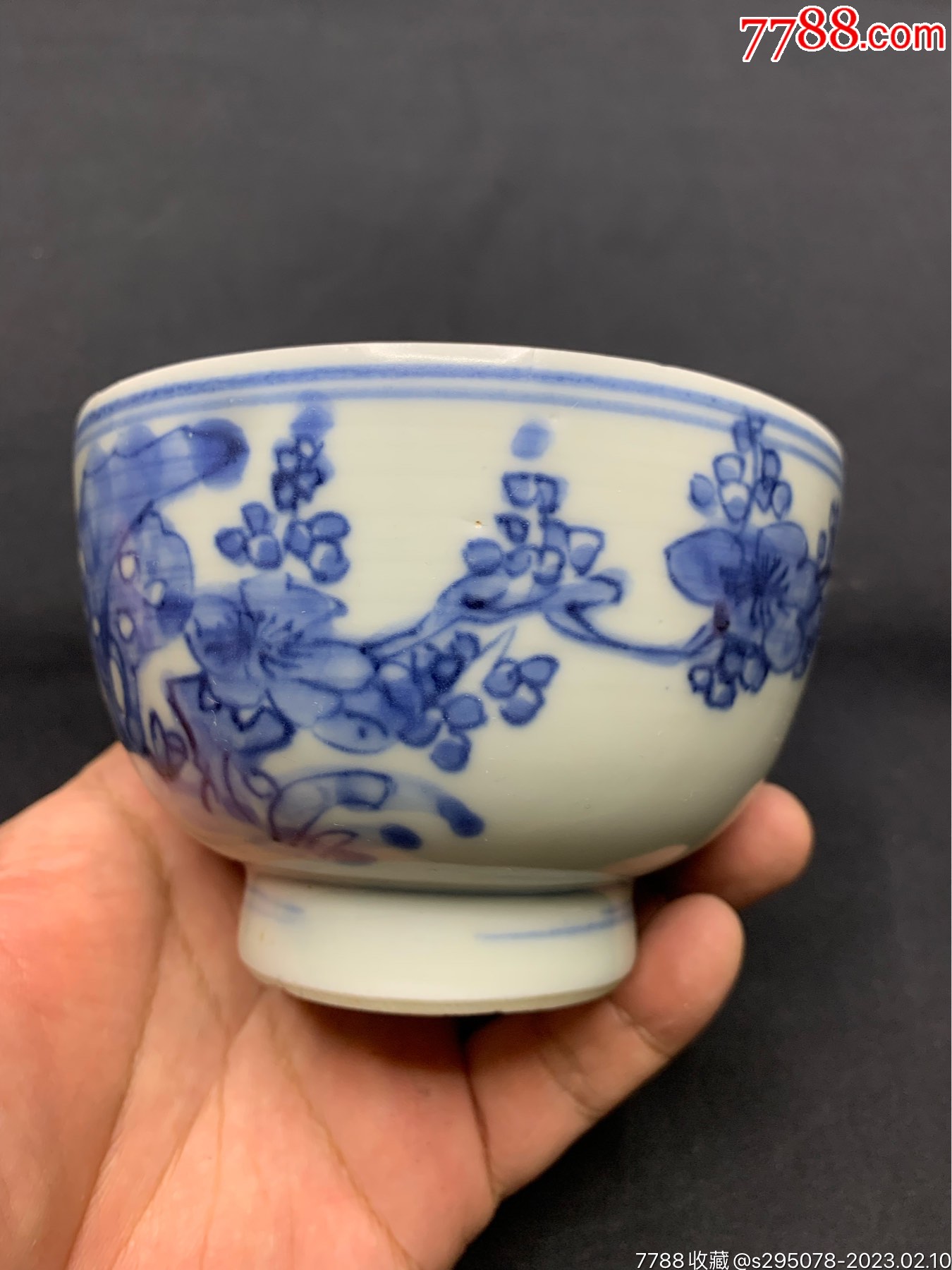 清代早期康熙青花洞石花卉纹压手杯瓷片标本古董古瓷器收藏品_青花瓷_嘉